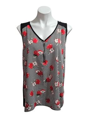 Sleeveless Black & White Striped Tank Top with Red Apple Print